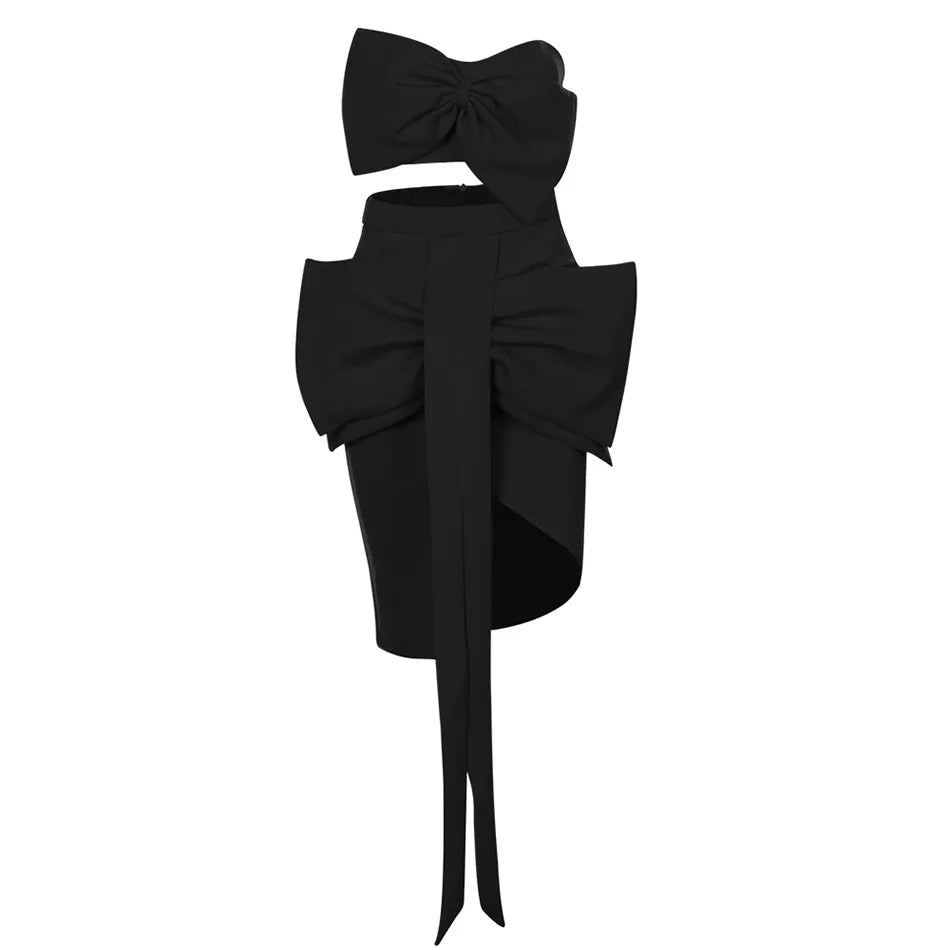 Sweet Bow Expose Wasit Woman Set Short Top And Bodycon Skirt 2 pieces Celebrate Birthday Party Vestido Summer Holiday Outfit