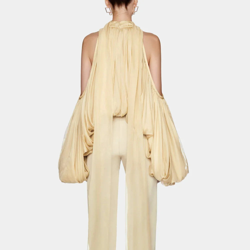 Solid Loose Spliced Folds Mini Blouse for Women Round Neck Long Sleeves Patchwork Hollow Out Elegant Top Female New