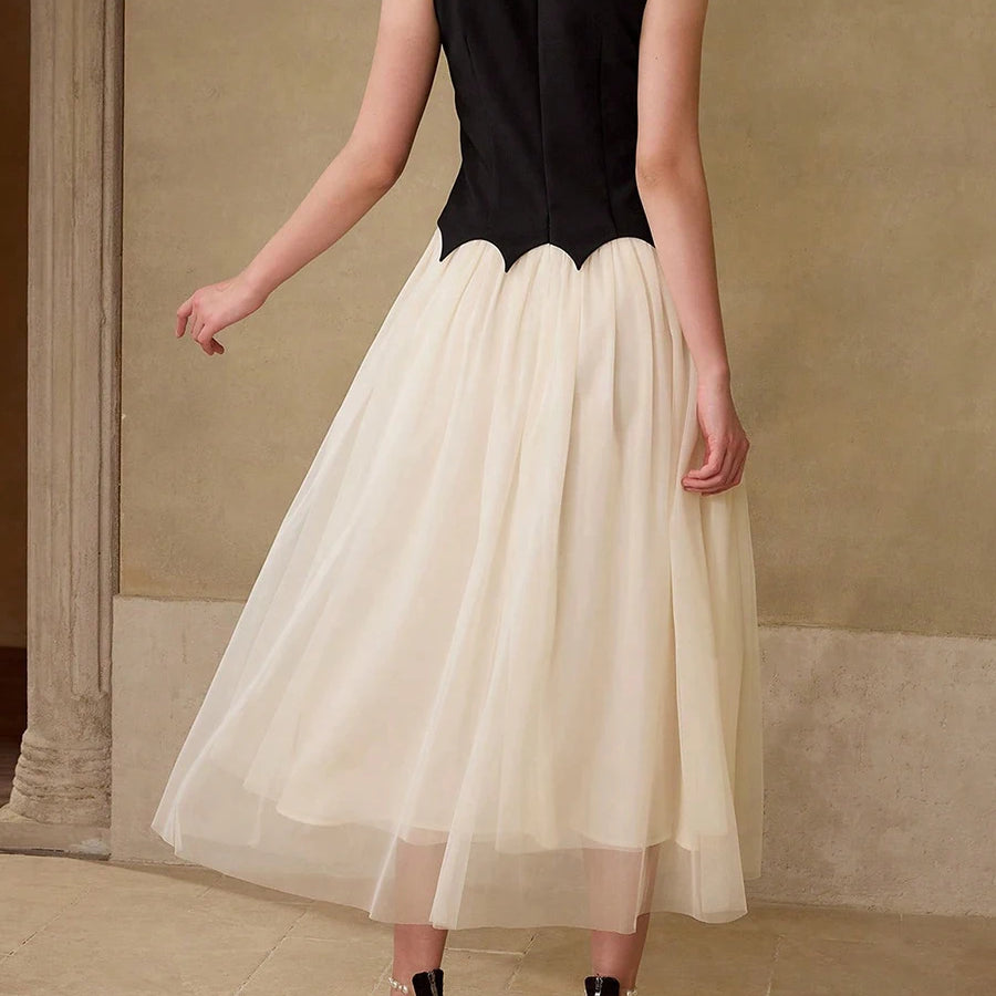 TWOTWINSTYLE Hit Color Spliced Appliques Elegant Dresses for Women Round Neck Sleeveless Patchwork Mesh Dress Female Fashion New