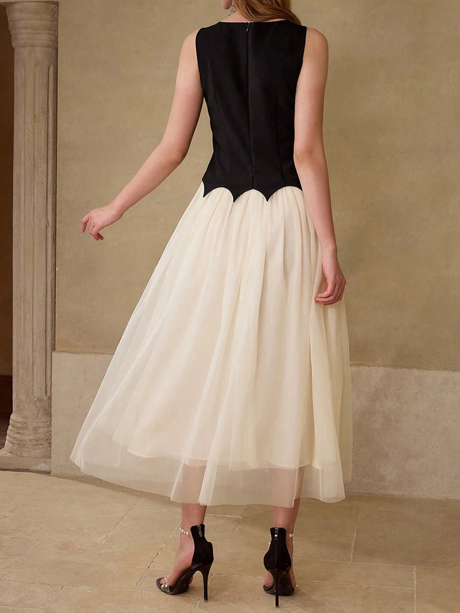 TWOTWINSTYLE Hit Color Spliced Appliques Elegant Dresses for Women Round Neck Sleeveless Patchwork Mesh Dress Female Fashion New