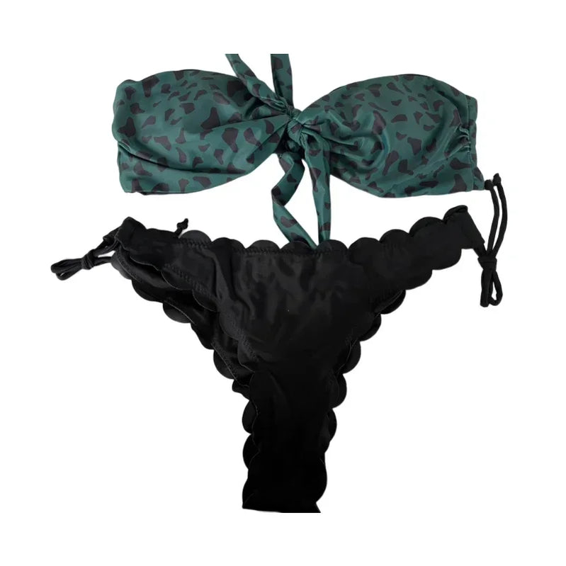 Beach Bikini Woman Sexy Front Lace Up Tie Strapless Leopard Swimsuit Female Push Up Ruffled Bow Bathing Suit Thong Swimwear green