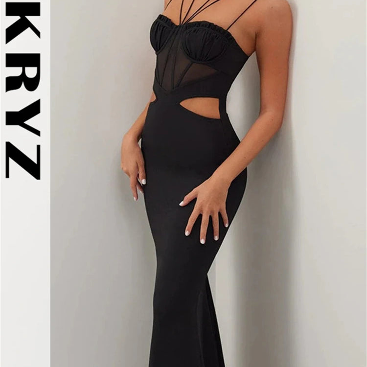 Ladies Autumn Sleeveless Backless Lace Up Halter Hollow Out Maxi Dress For Women New Fashion Evening Party Club Wear Y2K Clothes