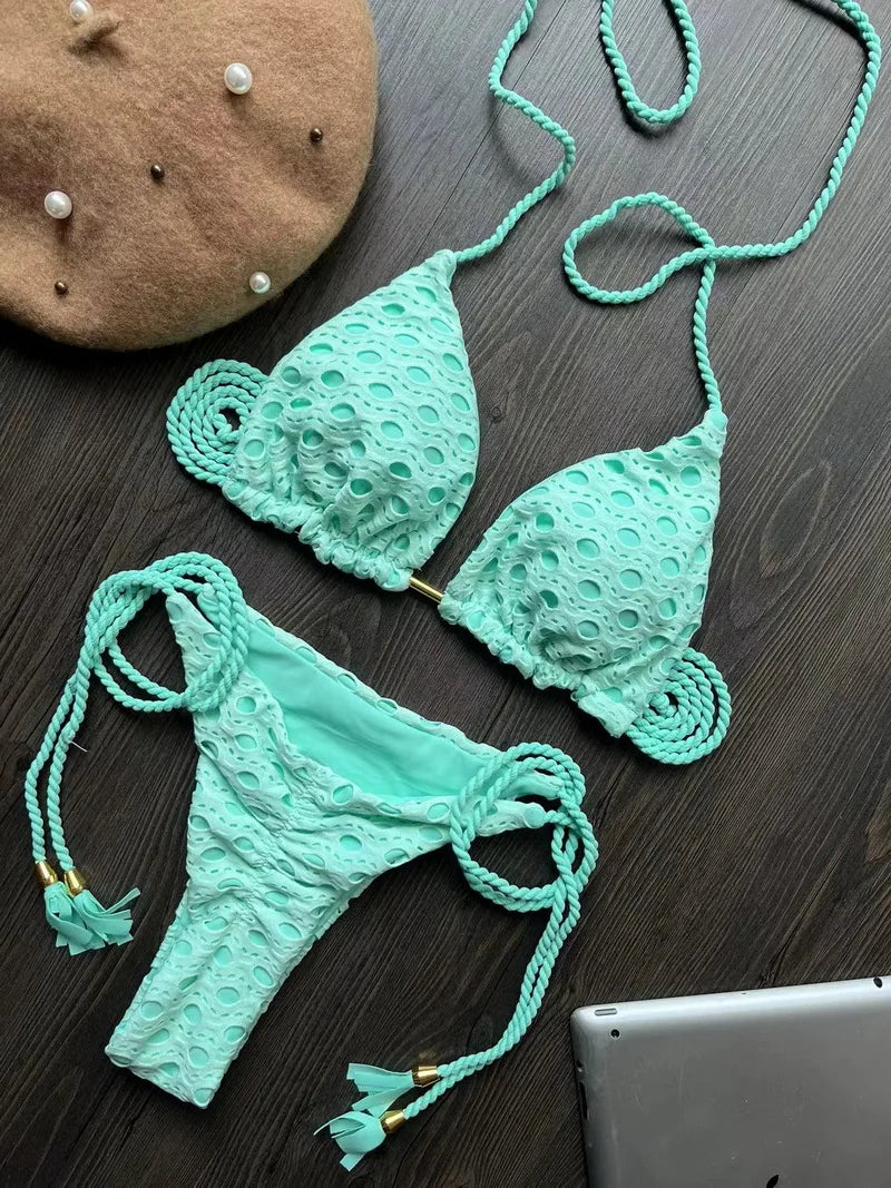 Para Praia Hollow Out Bandage Swimwear Halter Bikini Set Thong Swimsuit Women Biquini Brazilian Bathing Suit Beachwear 8291