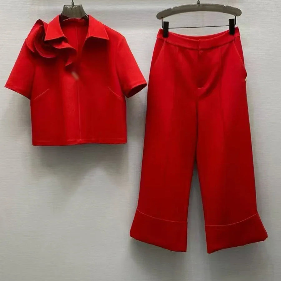 Solid Elegant Two Piece Sets for Women Lapel Short Sleeve Spliced 3D Flower Top High Waist Wide Leg Pant Set Female