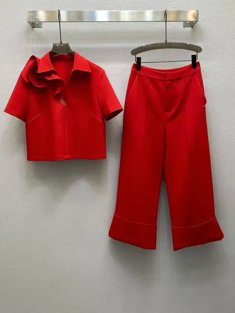Solid Elegant Two Piece Sets for Women Lapel Short Sleeve Spliced 3D Flower Top High Waist Wide Leg Pant Set Female