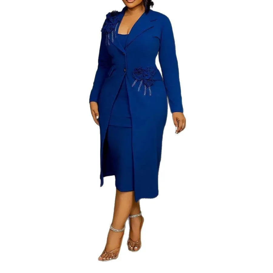 CM.YAYA Women's Set Full Sleeve Long Blazer Coat+ Long Dress Suit 2025 Spring Streetwear Two 2 Piece Set Africa OL Work Outfits Blue
