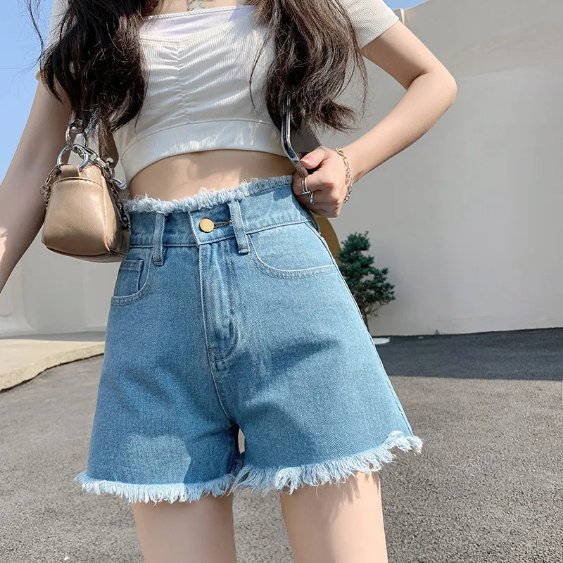 Spring Summer Jean Shorts for Women Casual Sexy High Waist Denim Shorts Vintage Raw-edge Mujer Short Jeans Female Clothing Light Blue