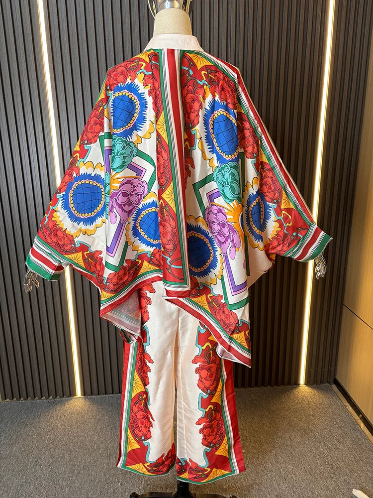 ZARATRAFnew summer women's silk texture printed trousers suit shirt bat shirt + positioning printed high waist trousers