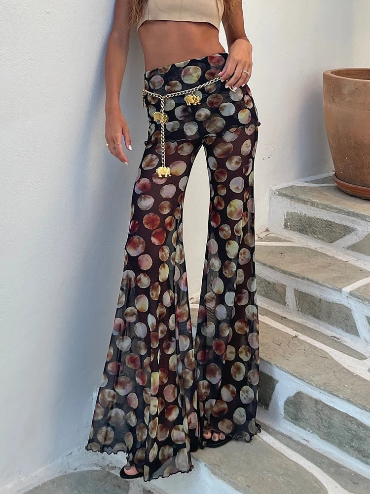 Mesh Leopard Print Trousers Woman Fashion High Waist Print Wide Leg Pants Female Elegant Printed Long Pants Bottoms