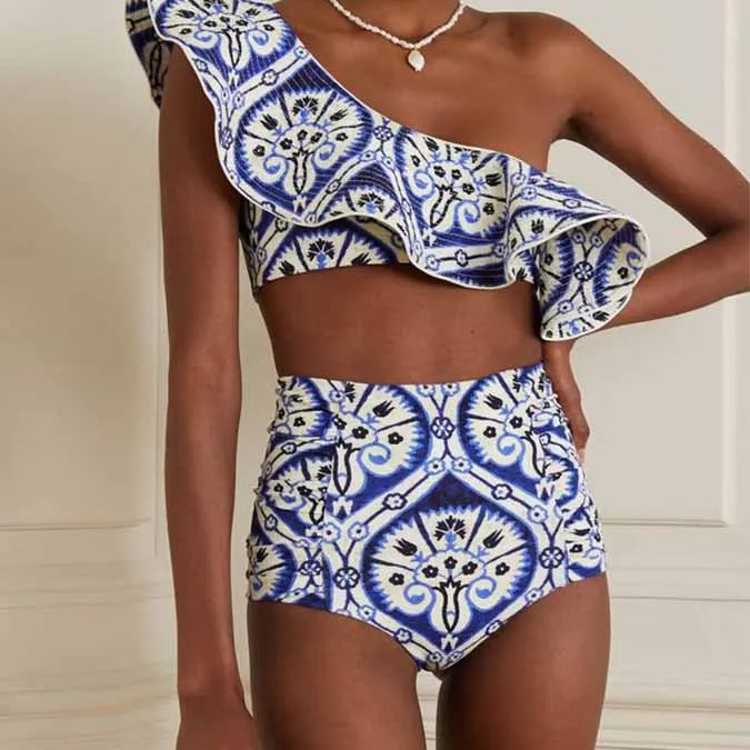 Women's Printed Ruffle Swimsuit Fashion One Shoulder Slash Breasted Bikini Two Piece High Waisted Tummy Tuck Beachwear 2023 New MULTI