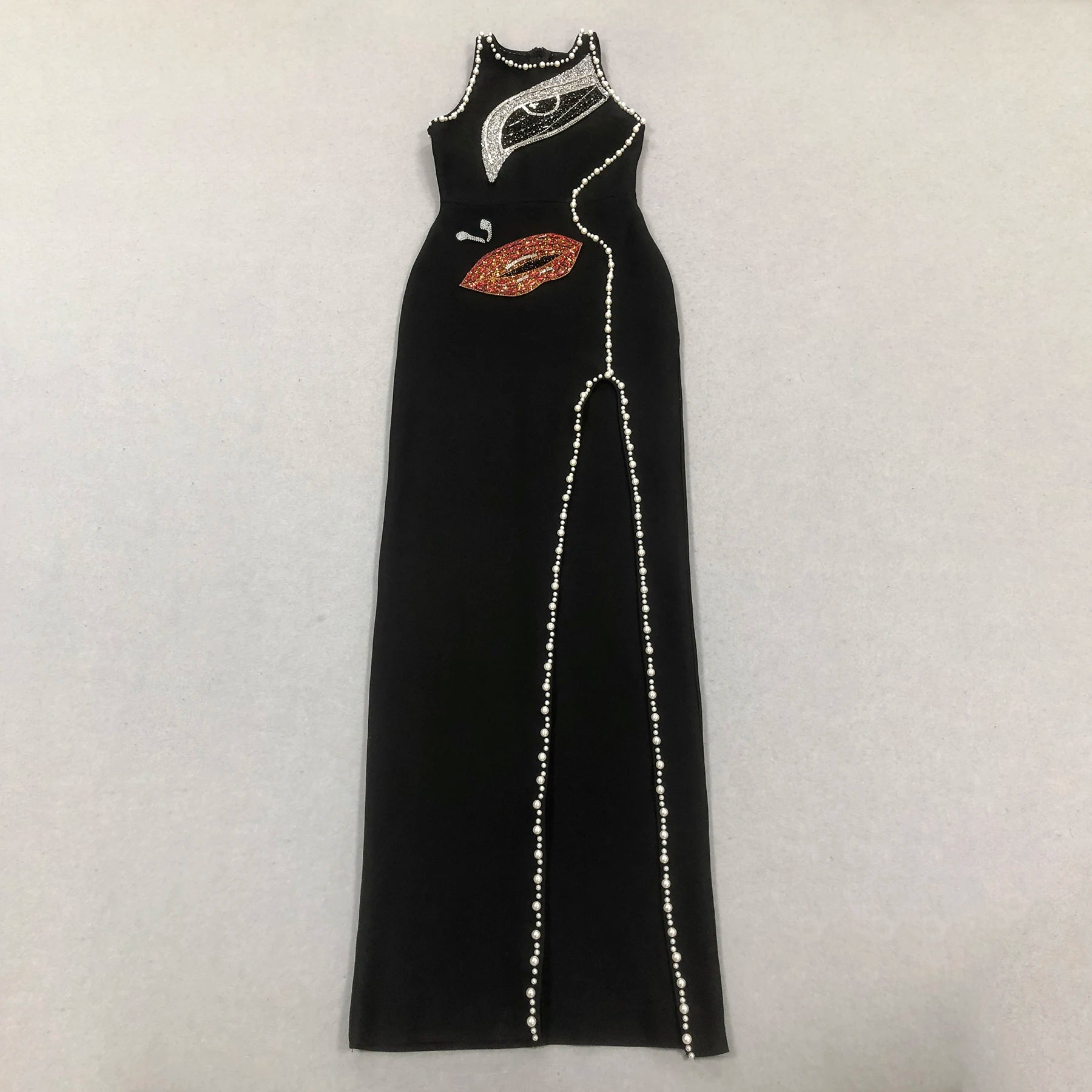 Big Eyes And Red Lips Patterned Diamonds High Slit Black Long Dress Woman Birthday Party Vestido  Celebrity Party Outfit