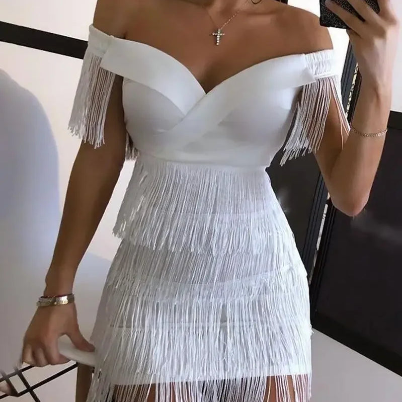 New Winter Women Solid Slash Neck Sleeveless Dress Empire Tassel Sheath Mini Dress Sexy Night Club Wear Bandage Dresses LZR3399