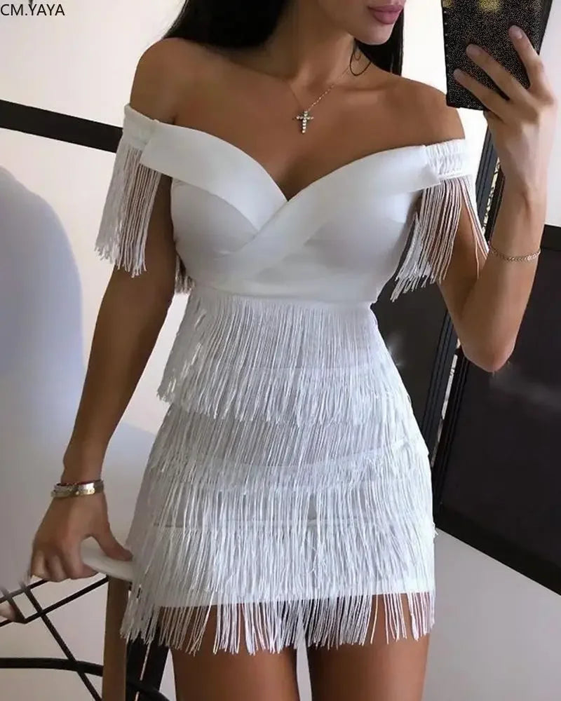 New Winter Women Solid Slash Neck Sleeveless Dress Empire Tassel Sheath Mini Dress Sexy Night Club Wear Bandage Dresses LZR3399