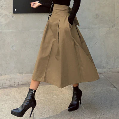 Skirts Womens Korean Fashion Solid Color Big Swing Ladies Skirt Long Skirt 2022 Autumn Wild High Waist Bow Slim Skirts Khaki