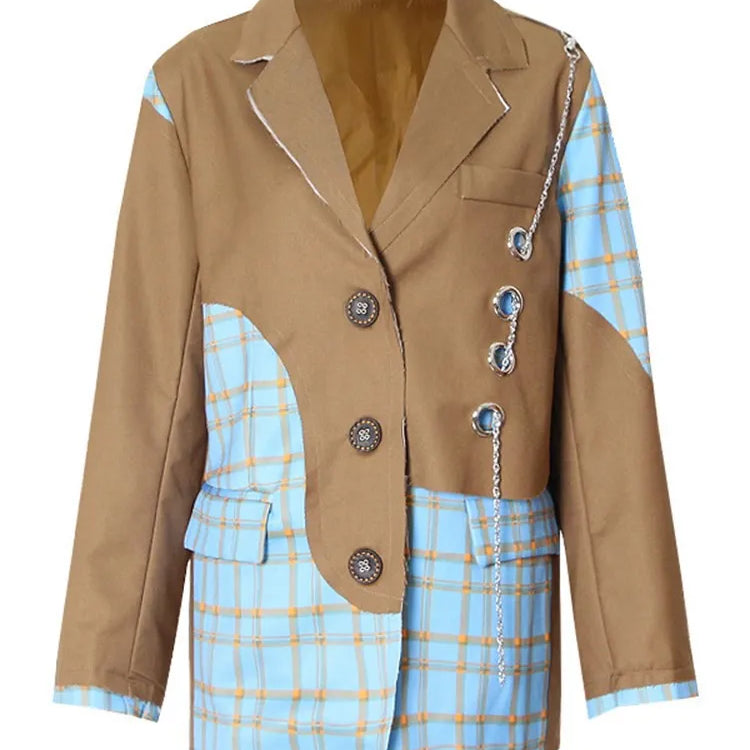 TWOTWINSTYLE Colorblock Spliced Denim Blazers For Women Notched Collar Long Sleeve Patchwork Chain Chic Blazer Female Clothing