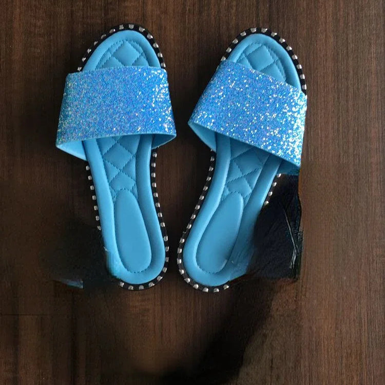Women Crystal Slippers Ladies Bling Flats Female Fashion Outdoor Beach Shoes Female Footwear Women Summer Slides Plus Size blue