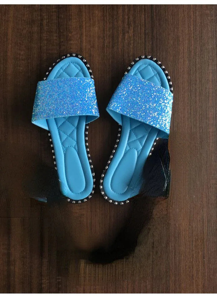Women Crystal Slippers Ladies Bling Flats Female Fashion Outdoor Beach Shoes Female Footwear Women Summer Slides Plus Size blue
