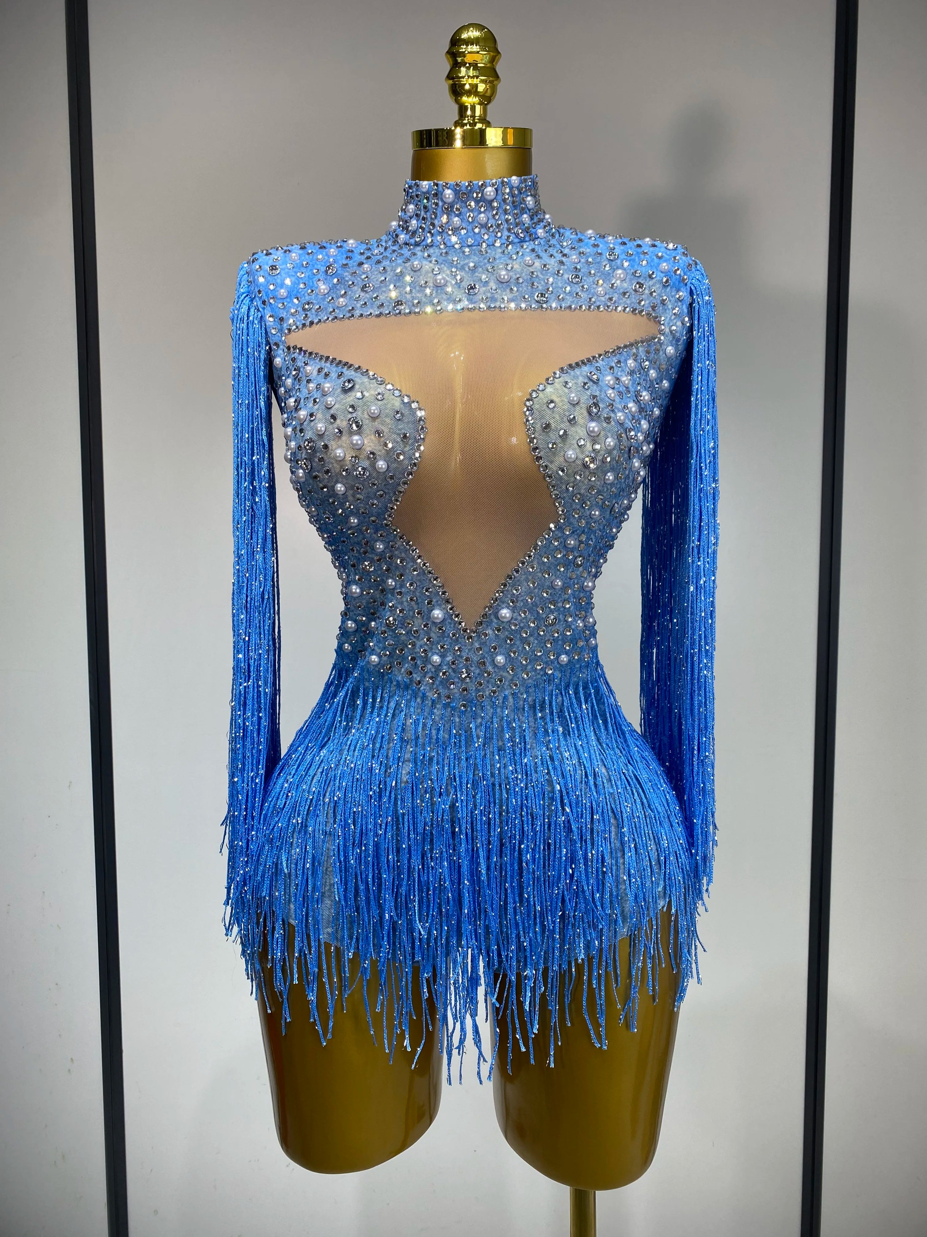Body com borlas brilhantes e luxuosos, elástico, transparente, para performance em dança, boate, festa, palco