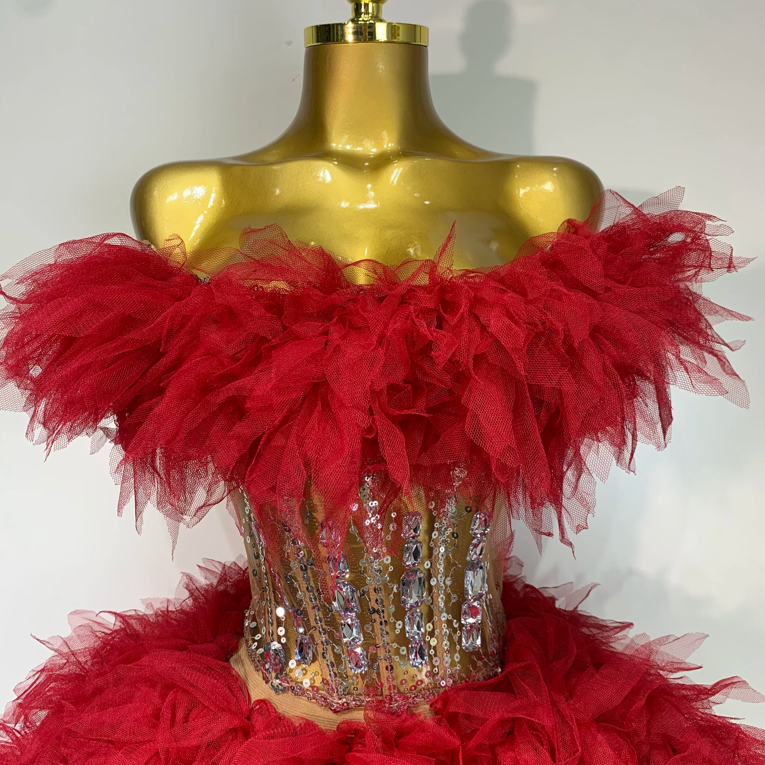 Sexy Strapless Red Mesh Two Pieces Set Singer Nightlcub Party Stage Outfit Photo Shoot 2025 Prom Gown Luxury Birthday Dresses