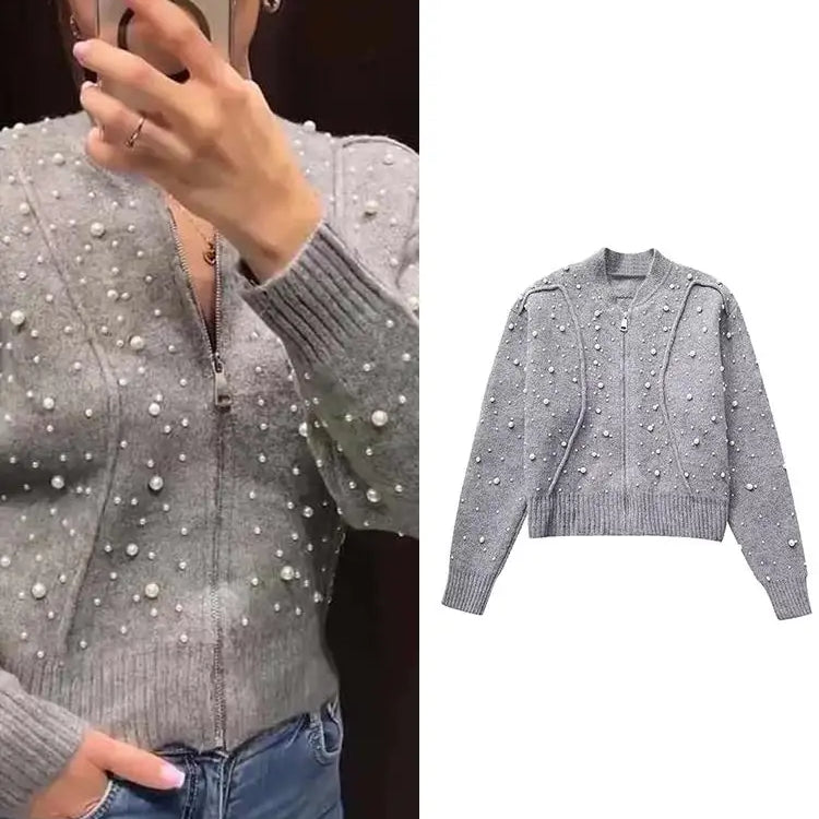 Moda de malha pérola bombardeiro jaquetas femininas vintage o-pescoço zíper frontal manga comprida casaco feminino topo senhora cinza recortado cardigan 