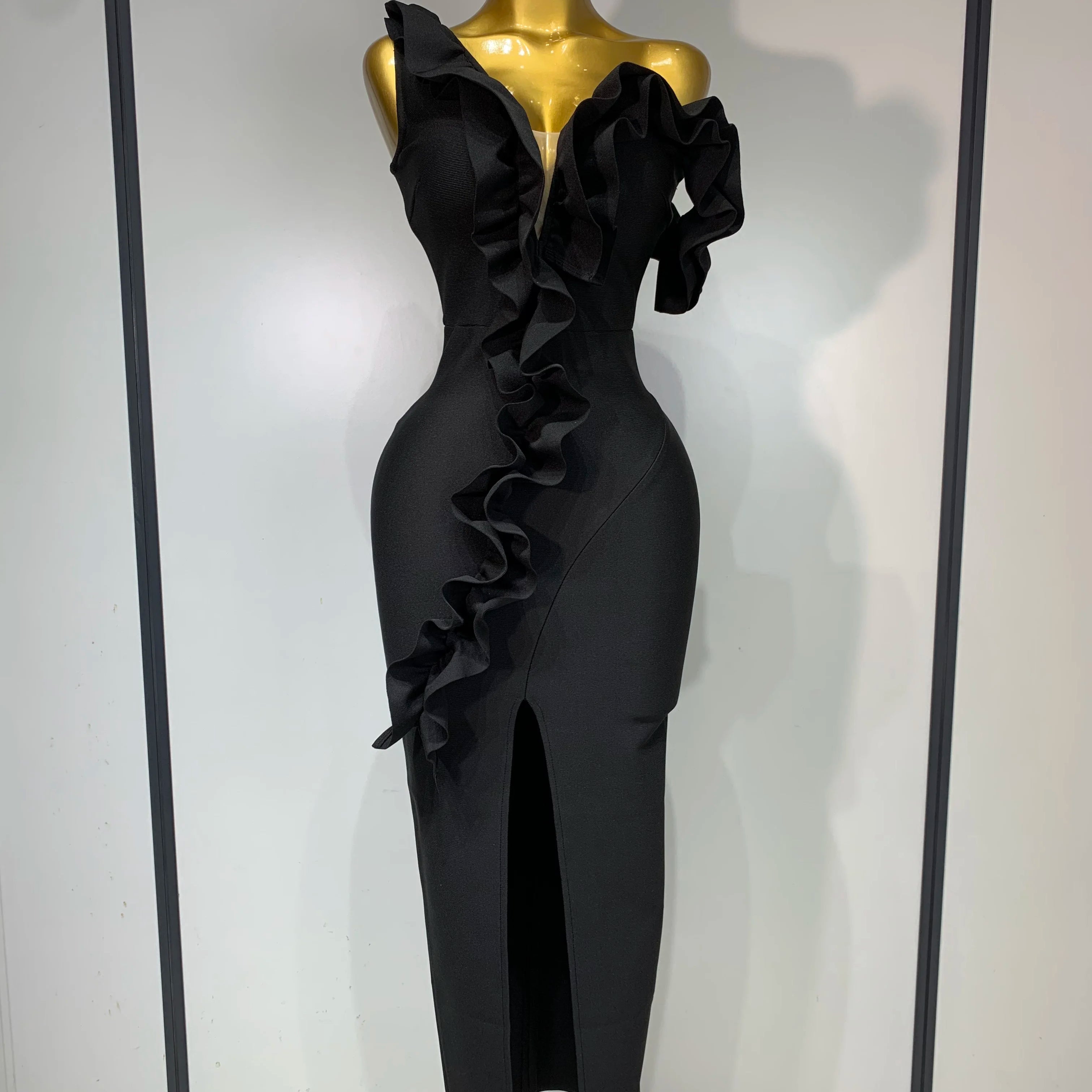 Women Sexy Off Shoulder Ruffles Midi Bodycon Bandage Dress 2025 Knitted Celebrity Elegant Evening Luxury Club Party Dresses