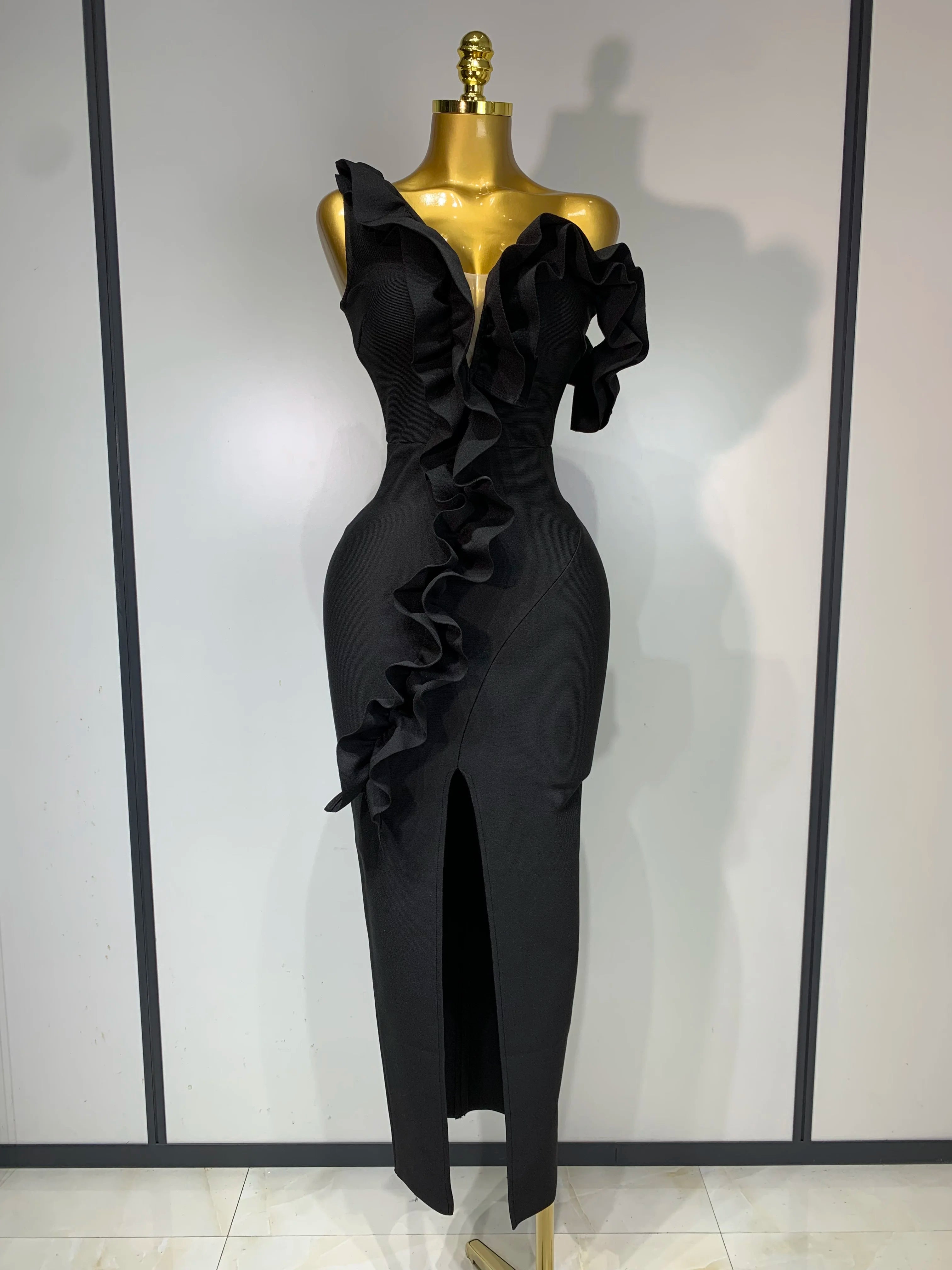 Women Sexy Off Shoulder Ruffles Midi Bodycon Bandage Dress 2025 Knitted Celebrity Elegant Evening Luxury Club Party Dresses