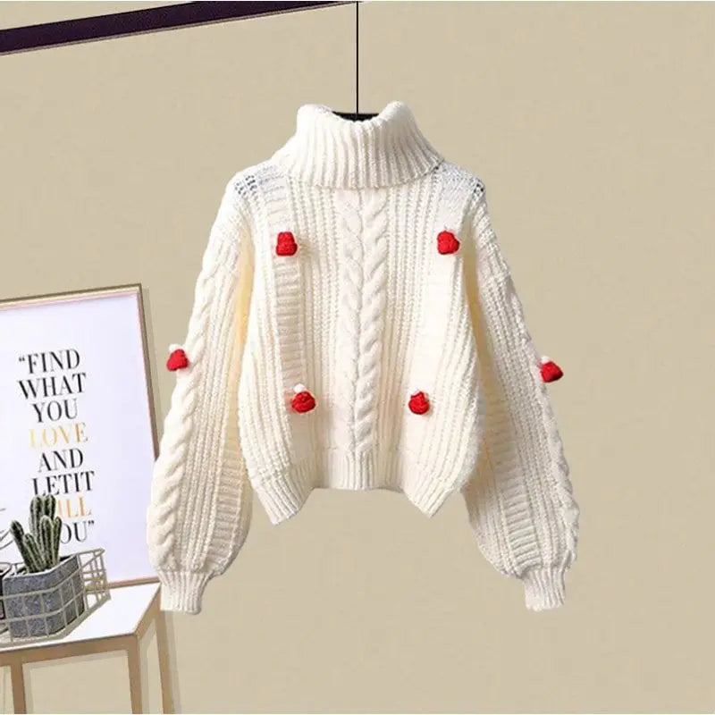 Women Fashion Red Pompom Turtleneck Sweater Pants 1 or 2 Piece Set 2023 Christmas Knit Tops Trouser Outfits Lady Daily Knitwear Only Sweater