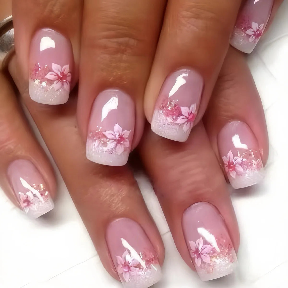 Mid-length Coffin Fake Nails 24Pcs White French Tip Ballerina Press On Nail Pink/White Flower Printed Spring/Summer DIY Manicure
