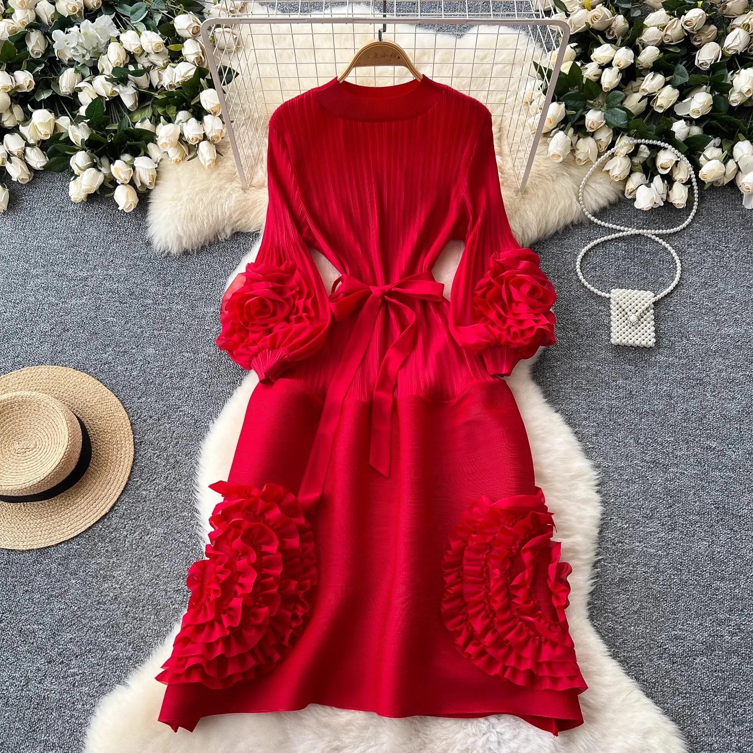 New Miyake High End Tied Up Oversize Pleated Long Robes Turtleneck Bubble Petal Sleeves High Waist Formal Dresses Women Clothing