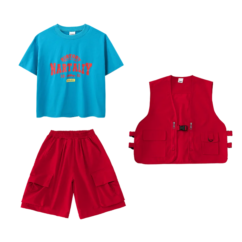 Boys Hip Hop Pants Outfits Red Vest Cargo Pants Girls Streetwear Children Joggers Street Dance Kids Jazz Costumes Clothes Sets Shorts Sets