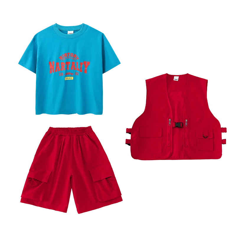 Boys Hip Hop Pants Outfits Red Vest Cargo Pants Girls Streetwear Children Joggers Street Dance Kids Jazz Costumes Clothes Sets Shorts Sets