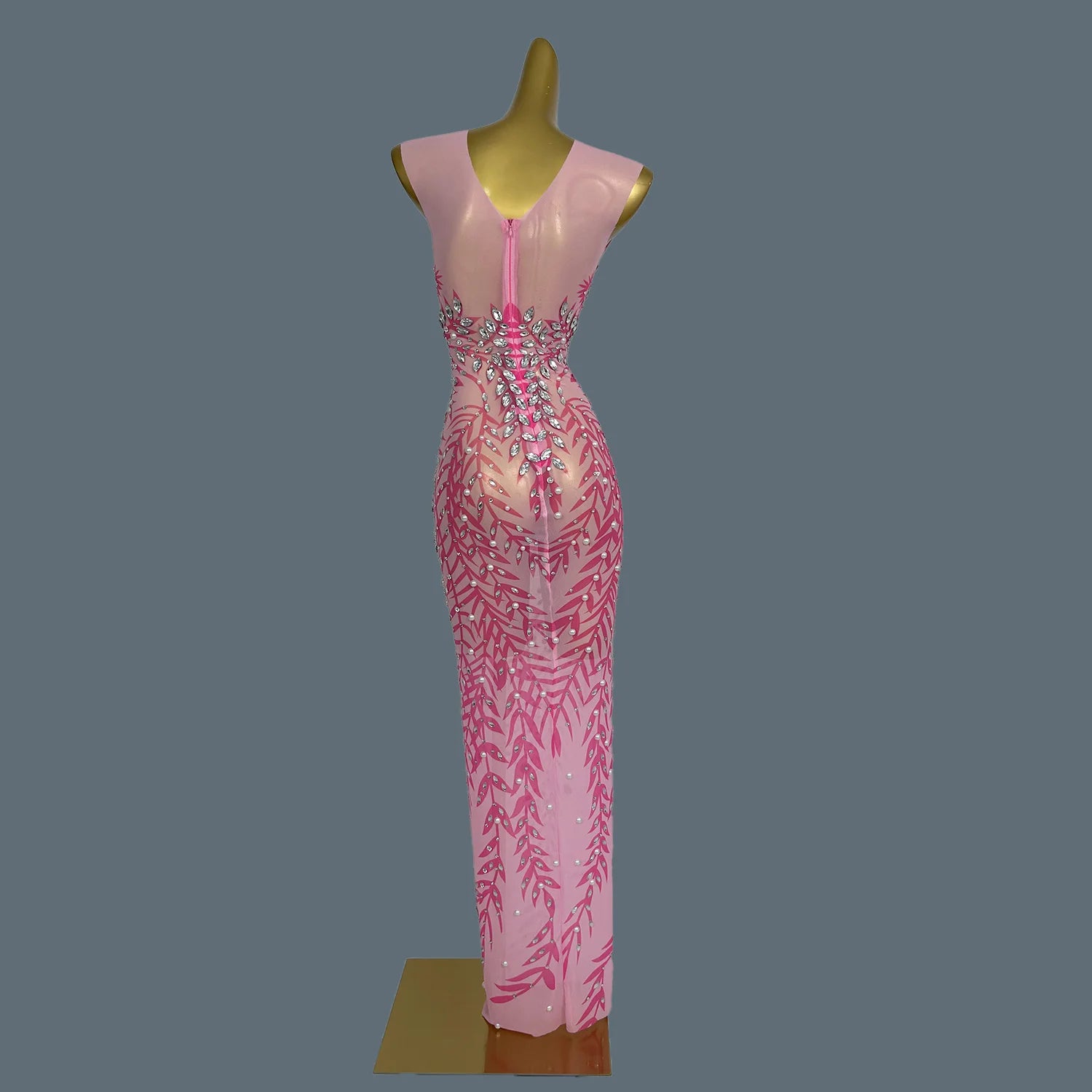 Women Luxury Sheer Mesh Pink Prom Dress Glitter Diamonds Long Evening Dress Birthday Party High-end Gown Banquet Robe Fenzhu