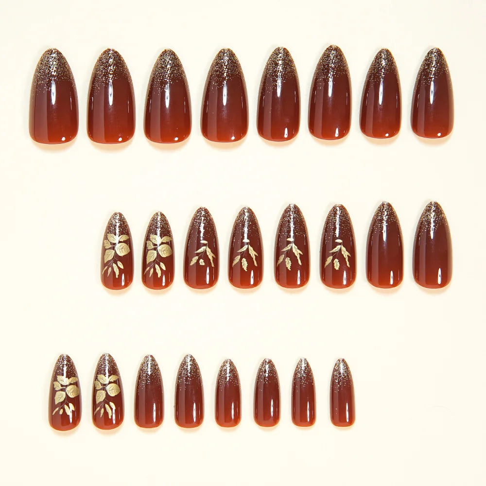 24Pcs Glossy Brown Fake Nails Autumn Almond Press On Nails with Gold Color Leaf Designs Full Cover Stick-on False Nails Patches