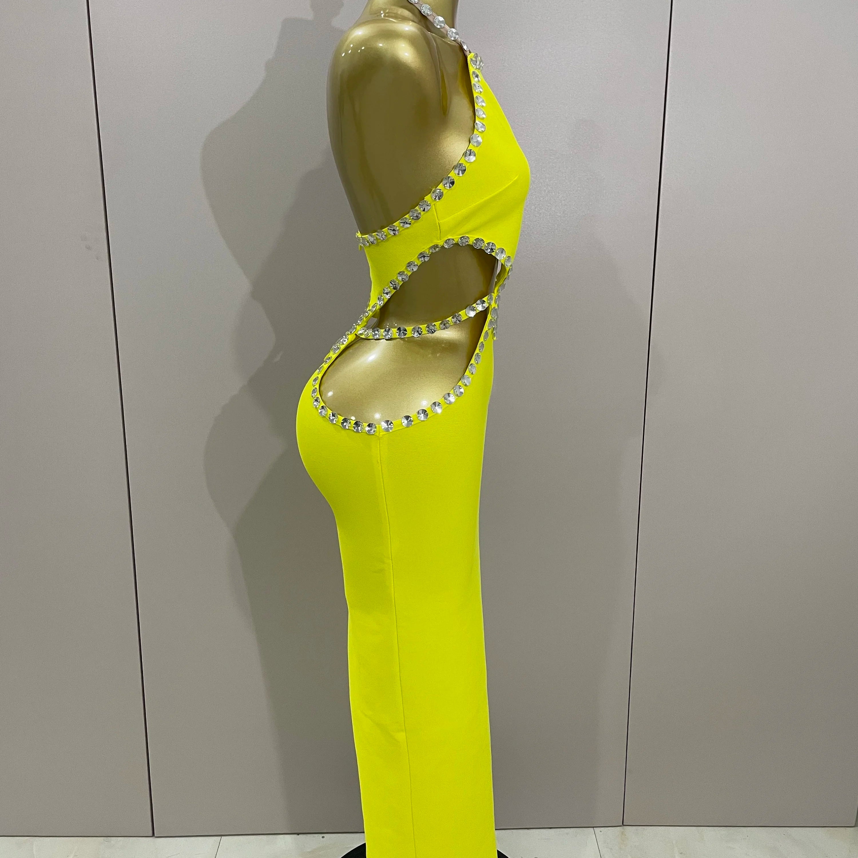 Vestido longo longo, sensual, frente única, com contas, amarelo-limão, 2025, elegante, para festa de aniversário, clube noturno