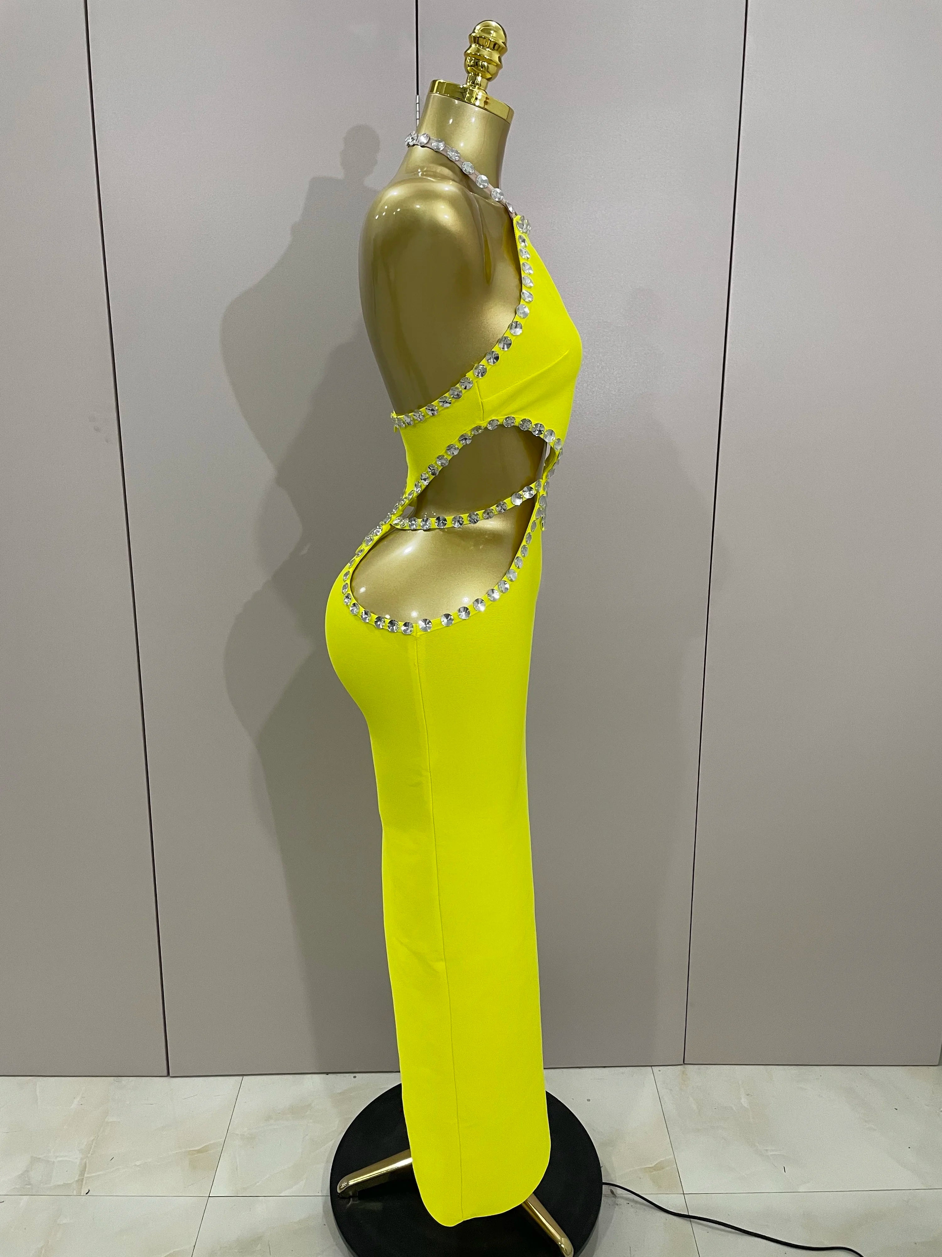 Vestido longo longo, sensual, frente única, com contas, amarelo-limão, 2025, elegante, para festa de aniversário, clube noturno