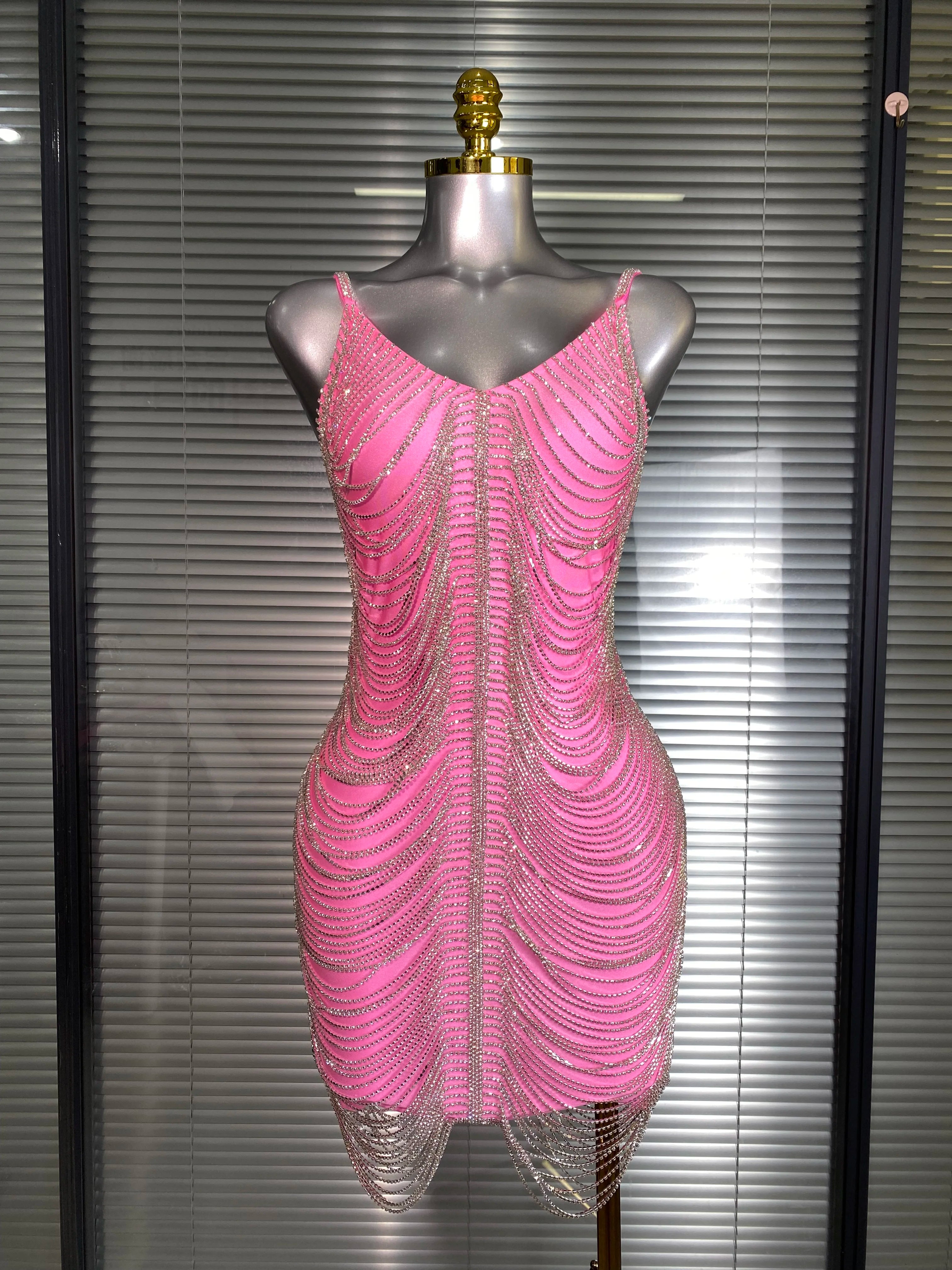 Ins Celebrity New Women Sexy Khaki Crystal Shining Mini Dress Stage Costume Dancer Singer Night Club Sparkly Party Dress