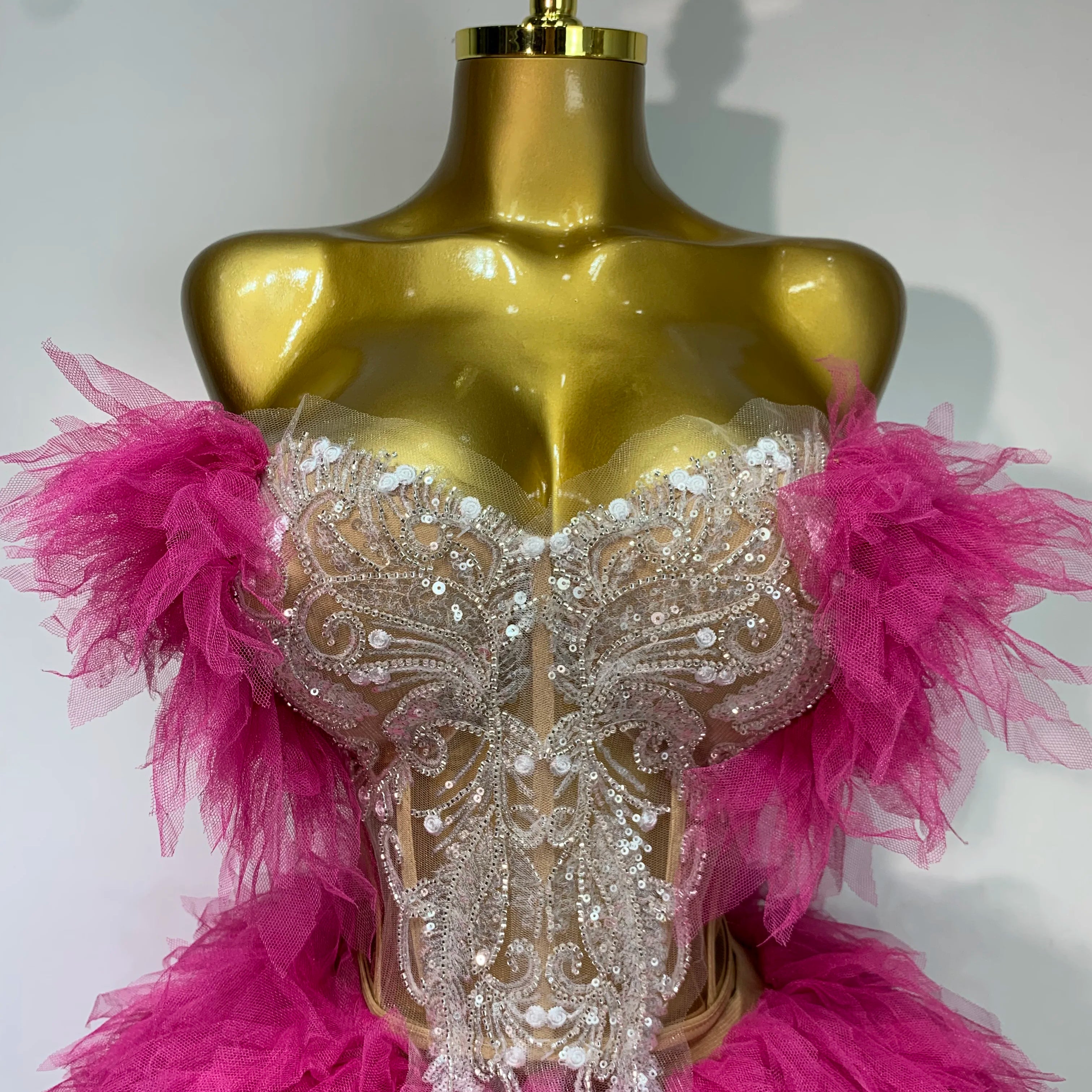 Women Sexy Strapless Mini Two Pieces Set Luxury Birthday Evening Party Dress Bar Nightclub Singer Dancer Stage Outfit