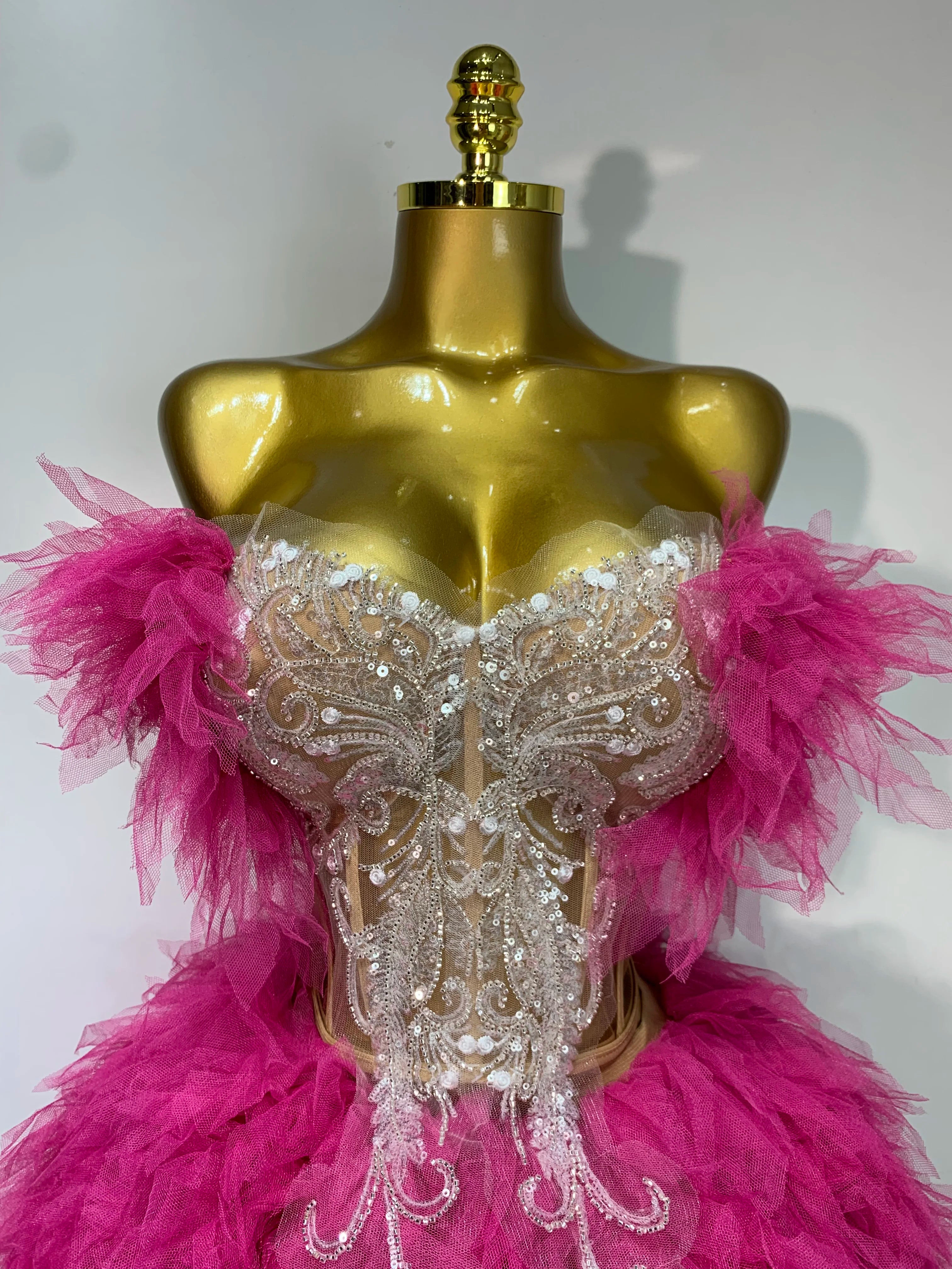 Women Sexy Strapless Mini Two Pieces Set Luxury Birthday Evening Party Dress Bar Nightclub Singer Dancer Stage Outfit