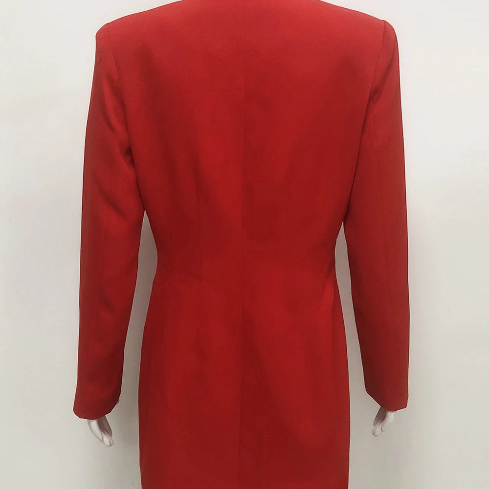 Modphy Women Fashion Double Breasted Red Blazer Coat Notched Neck Long Sleeves Female Outerwear Chic Lady Outfits