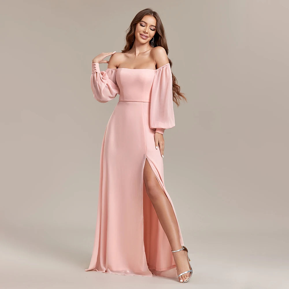Women Strapless Pink Long Sleeved Bridesmaid Dresses Chiffon Free Wear Square Neck Party Gown Elegant Party Dress For Wedding