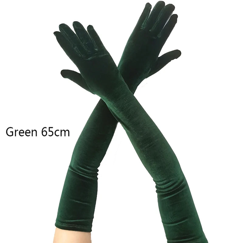 53CM Women Golden Velvet Long Autumn Winter Warm Black Evening Dress Etiquette Gloves Retro Style Banquet Accessories Elasticity green 65cm One Size