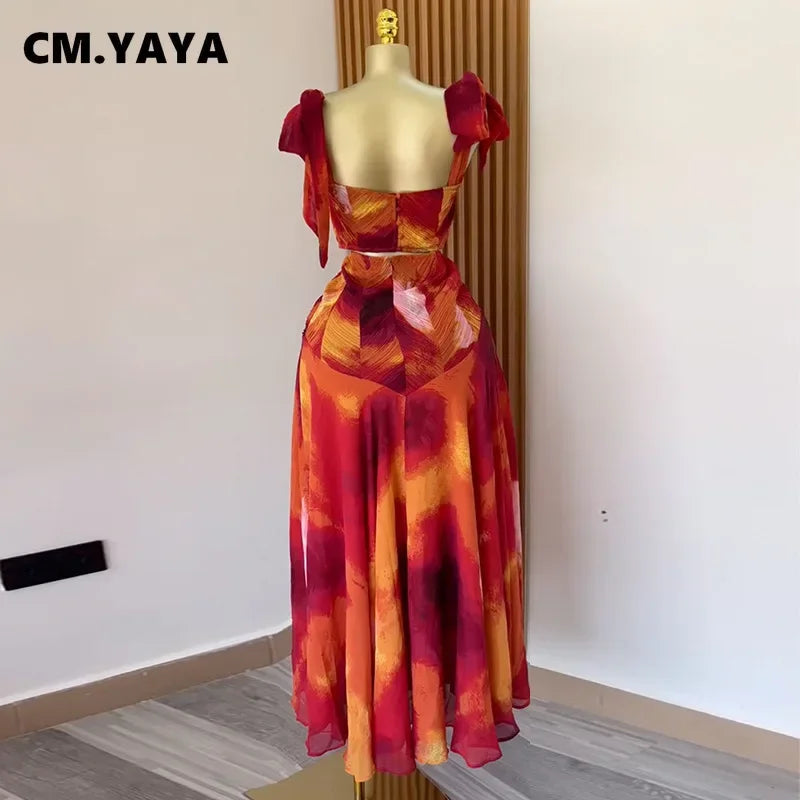 CM.YAYA Fashion Printed Women Long Dresses Beach Holiday Street Bowknot Crop High Waist Big Swing Fake 2 Piece Party Dress 2025
