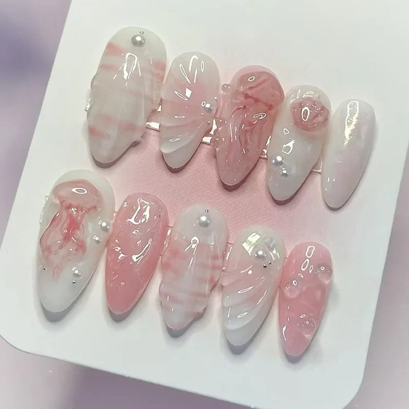 24Pcs Green Oval False Nails with Strawberry Design Wearable Mid-length Almond Press on Fake Nails Rabbit Pattern Nail Art Tip