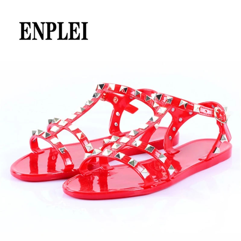 Fashion Summer Rivets Flat Comfortable Women Sandals Feminina Slippers Size 36-41 Red