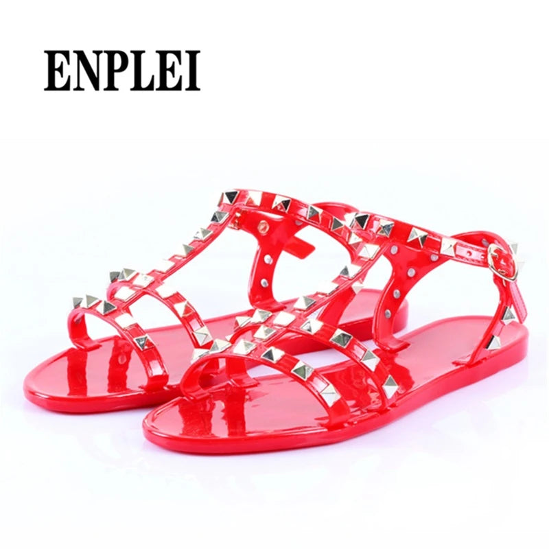 Fashion Summer Rivets Flat Comfortable Women Sandals Feminina Slippers Size 36-41 Red
