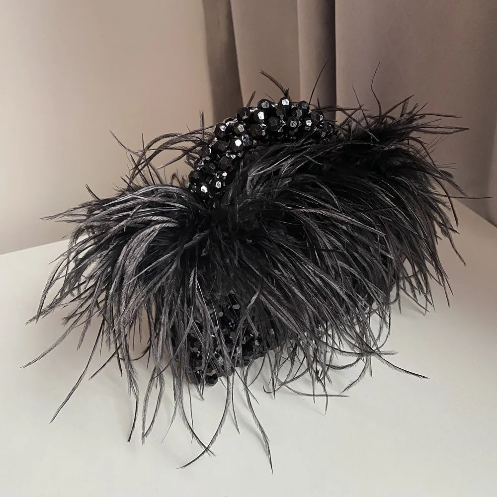 Pearl Bead Bag With Ostrich Feather Fur Designer Brand Clear Acrylic Crystal Stone Box Tote Handbag Women Handmade Party Purse black 2