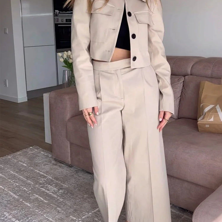 TRAF  Spring Women's Fashion Beige Blazer Suit Single Breasted Jacket Women's High Waist Casual Baggy Pants 2-piece Set