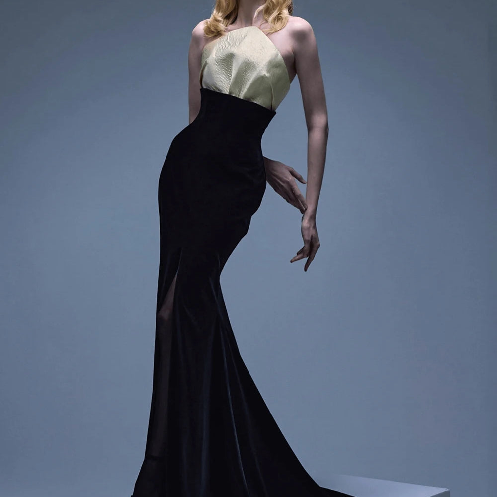 UpAvonu Elegant Strapless Patchwork Velvet Mermaid Long Dress Women Sexy Sleeveless Folds Slim Evening Runway Party Gown