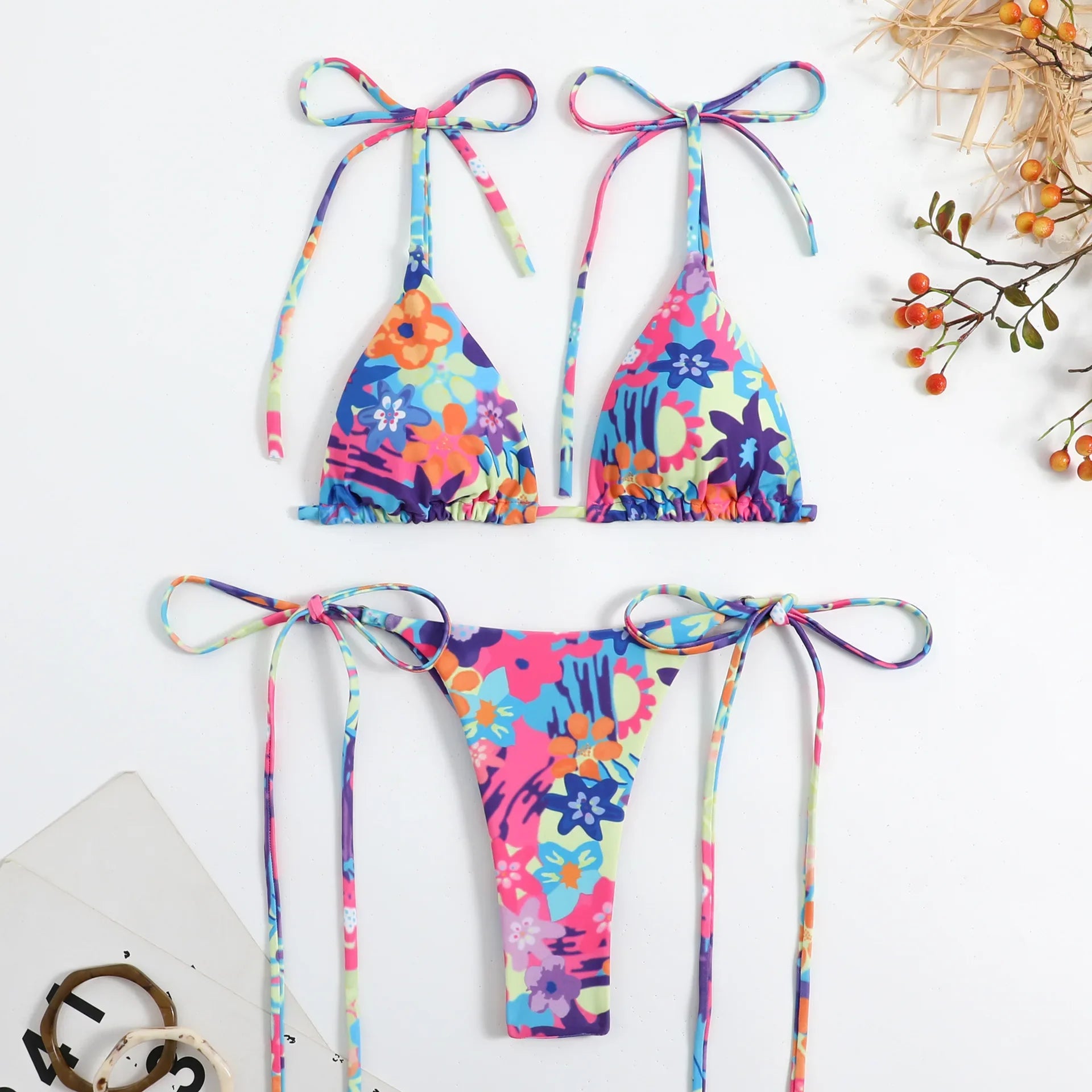Sexy Flower Print Bikini 3 Women Swimsuit Female Swimwear Thong Bikinis Set Brazilian Halter Beach Wear Bathing Suit Blue