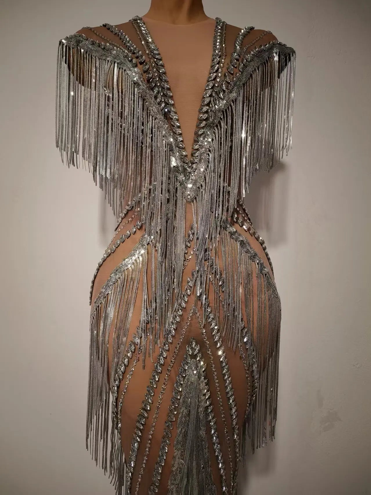 Women Sexy Mesh Crystal Tassel Fancy Maxi Dress See Through Gold Silver Party Singer Party Costume Stage Performance Dress